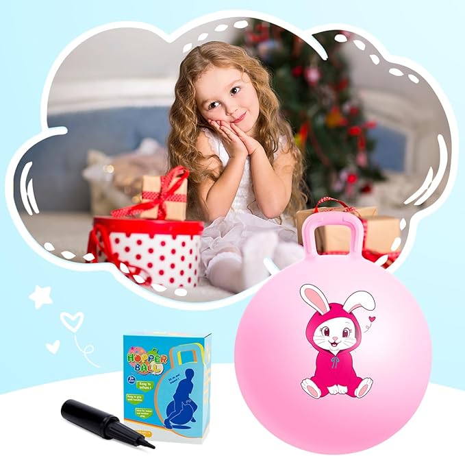 PlayZap Hopper Balls for Kids 3-8, 18 Inches Bouncy Ball with Handle, 18" Inflatable Bouncing Hopper, Pink Rabbit Jumping Toys, Garden Hopping Toys Girls Boys Gifts