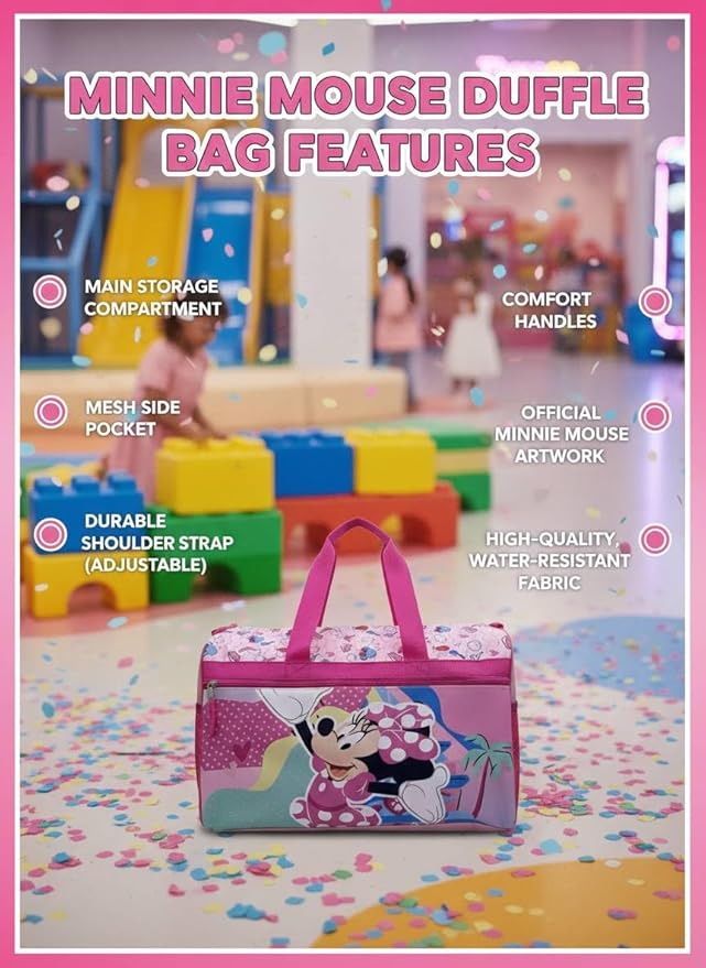 Disney Minnie Mouse Kids Duffle Bag 16.5" – Travel & Sports Bag with Zipper Pocket, Mesh Sides & Shoulder Strap