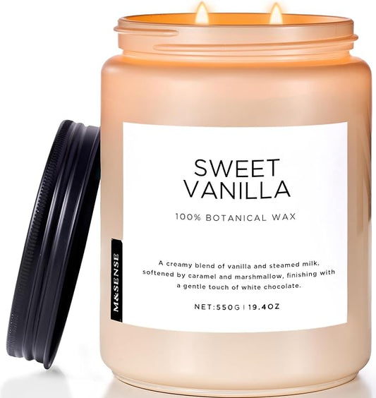 M&SENSE Vanilla Scented Candles, 19.4oz Large Natural Soy Wax, 110 Hours Long Lasting, Non Toxic Organic Candles Clean Burn, Sweet Smelling for Stress Relief, Aromatherapy Relaxing Gifts for Women