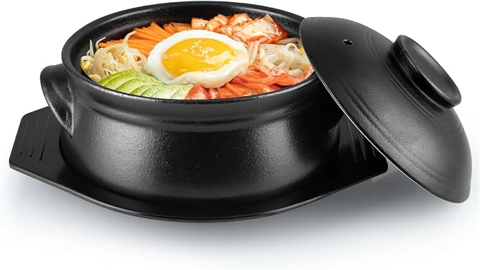 Large Korean Ceramic Bowl with Lid and Trivet, 54 oz Sizzling Hot Pot with Double Handles for Cooking and Serving Dolsot Bibimbap, Soup, Rice, Stew, Casserole, Noodle (Frosted Black)