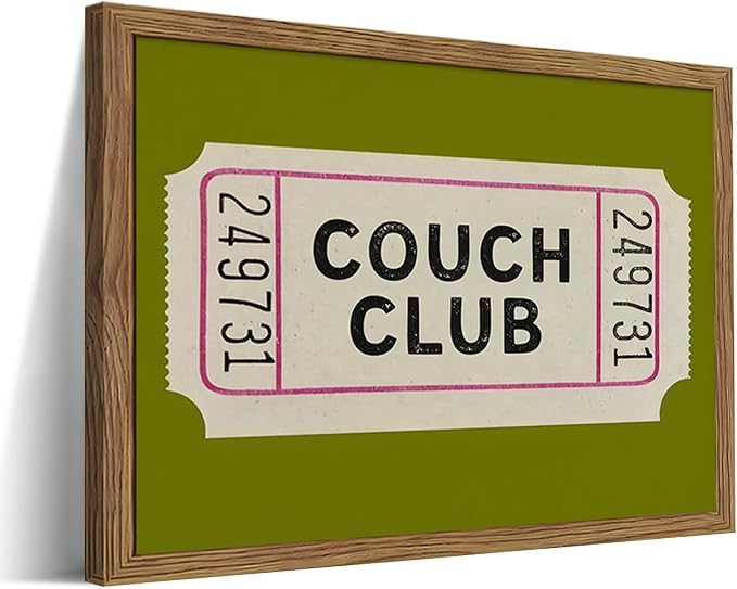 Vintage Framed Wall Art, Couch Club Ticket Canvas Wall Decor Painting, Retro Green Minimalist Quote Poster Print Picture for Living Room Bathroom Home Decor 12x16 Inch