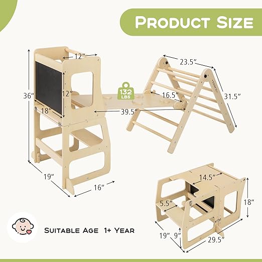 Olakids Pikler Triangle Set 8 in 1 Toddler Climbing Toys Indoor Playground Foldable Wood Baby Montessori Jungle Gym with Toddler Tower Ramp Slide Arch Rocker Angle Adjustable Ladder