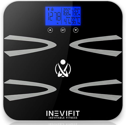 INEVIFIT Body-Analyzer Scale, Highly Accurate Digital Bathroom Body Composition Analyzer, Measures Weight, Body Fat, Water, Muscle, BMI, Visceral Levels & Bone Mass for 10 Users. Includes Batteries