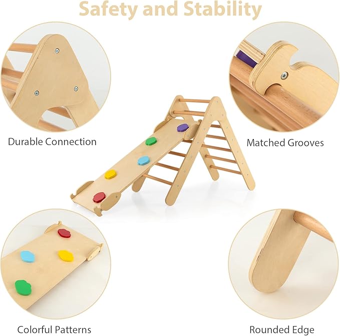 OLAKIDS Pikler Triangle Set 3 in 1 Climbing Toys for Toddlers Wood Montessori Baby Jungle Gym with Ramp Ladder Slide Kids Indoor Playground Activity Play Structure