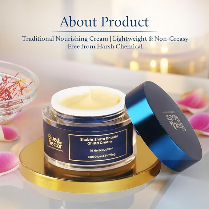Blue Nectar Shata Dhauta Ghrita Face Cream for Women | 100 Times Washed Ghee Face Moisturizer for Women | Truly Natural Face Cream for Skin Firming (19 Herbs, 1.76 Oz)