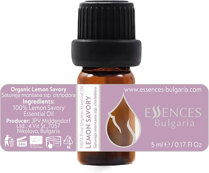 Essences Bulgaria Organic Lemon Savory Essential Oil 0.17 Fl Oz | 5ml | Satureja Montana Citriodora | for Immune System, Vitality, Health | Sensitive & Dry Skin | Aromatherapy | Therapeutic Grade