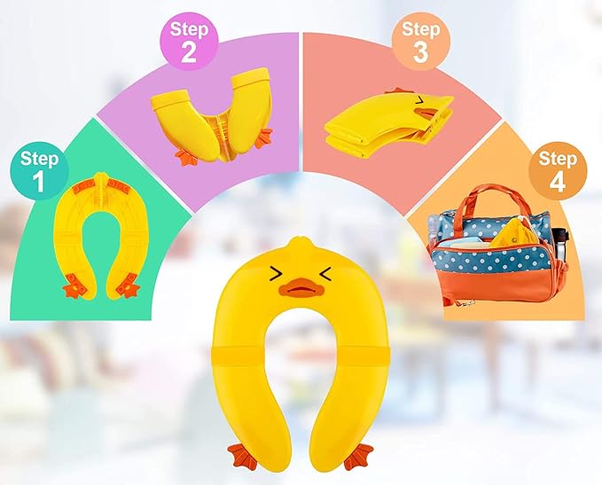 Toilet Potty Training Seat Cover, Travel Toilet Seat, Folding Non Slip Silicone Pads, Travel Portable Reusable Kids Toddlers Boys Girls, Carry Bag (Yellow - Duck)
