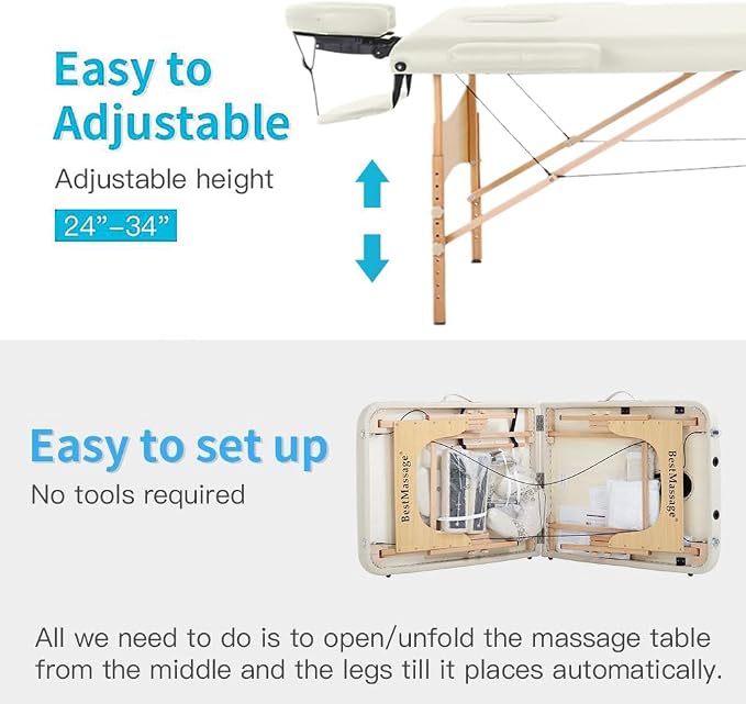 BestMassage Massage Bed Portable Massage Table 28 inch Wide Lash Bed Height Adjustable PU Leather 2 Folding with Towel Hanger Oil Pouch Half Bolster Round Bolster Non-Woven Bag