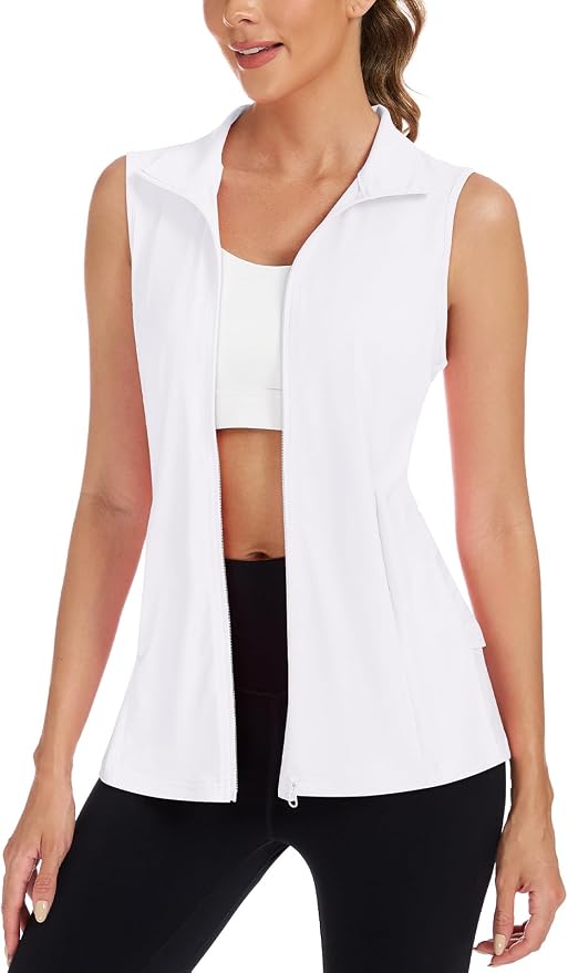 Women's Golf Vest with Pleated Tennis Skirt Hem Lightweight Full Zip Sleeveless Athletic Shirts with Pockets
