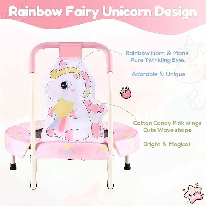 FUNLIO 27" Unicorn Mini Trampoline for Toddlers, Small Trampoline with Safety Handle, Rainbow Fairy Unicorn Jumping Toy for Younger Kids, Foldable & Portable for Indoor/Outdoor Fun, CPC&CE Certified