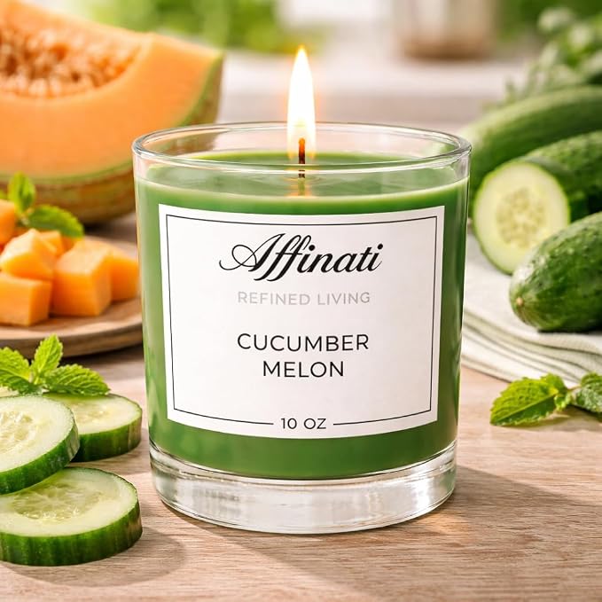 Cucumber Melon Affinati 10 oz Scented Candle for Home – Long Lasting Fruity Soy Blend Candle with Wooden Wick, Strong Scent Throw Glass Jar Candles, Premium Clean Burning Aromatherapy Gifts