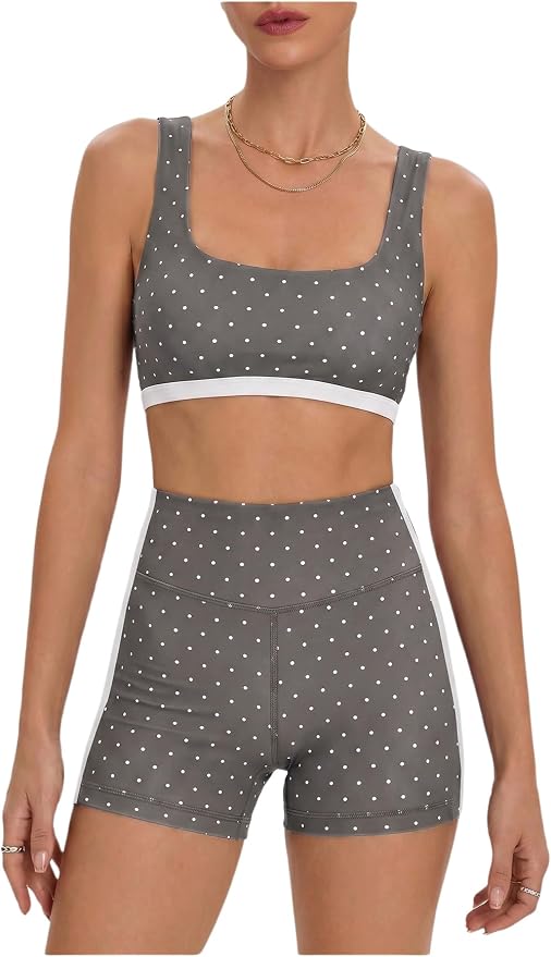 Milumia Women's Polka Dots Workout Set 2 Piece Color Block Bra Tank High Waisted Biker Shorts Layered Matching Yoga Outfit