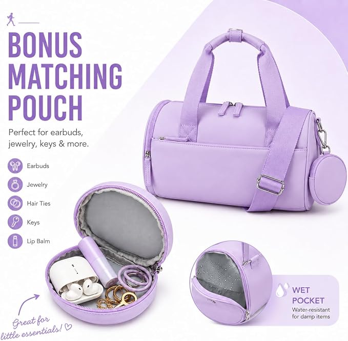 BTOOP Mini Gym Bag for Women, 12-Inch Small Duffle Bag with Wet Pocket and Coin Purse, Lightweight Water-Resistant Workout Bag for Yoga, Pilates, Dance and Travel (B-Purple)