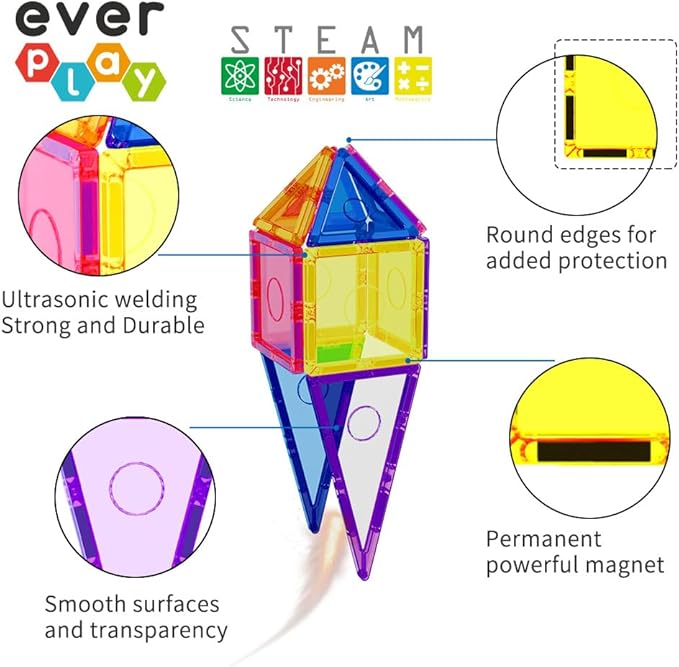 Magnetic Tile Building Block Set Construction Magnet Tiles Toy Blocks STEM Educational Learning Kit Toddler Preschool Games Rocket Playset Toys Unlimited Creation Boys Girls Age 3 and up