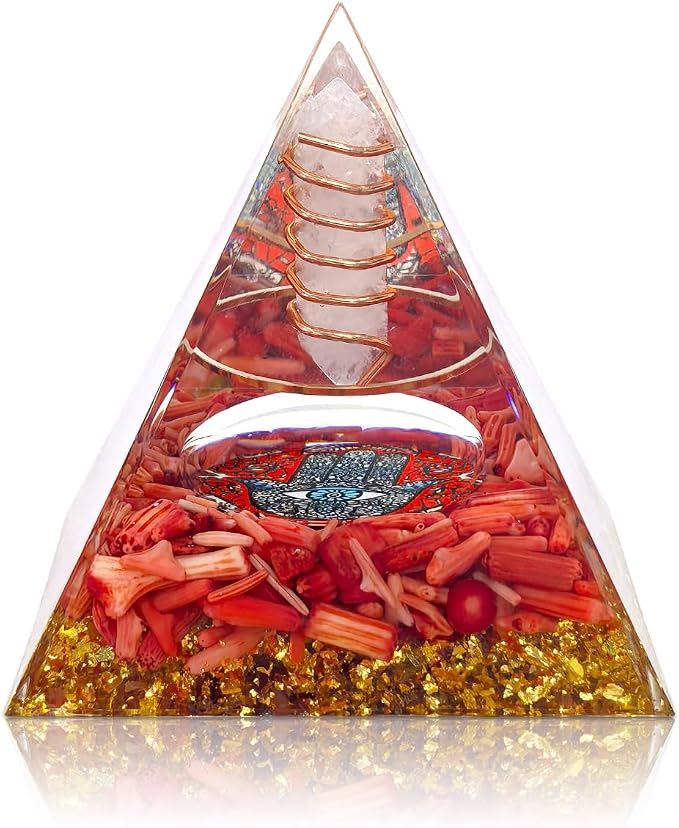 Hand of Fatima - Orgone Pyramid with Healing Crystals - Energy Generator for Positive Vibe, Stress Relief & Chakra Reiki Meditation - Pyramid Decor - Spiritual Gift for Success, Wealth & Prosperity
