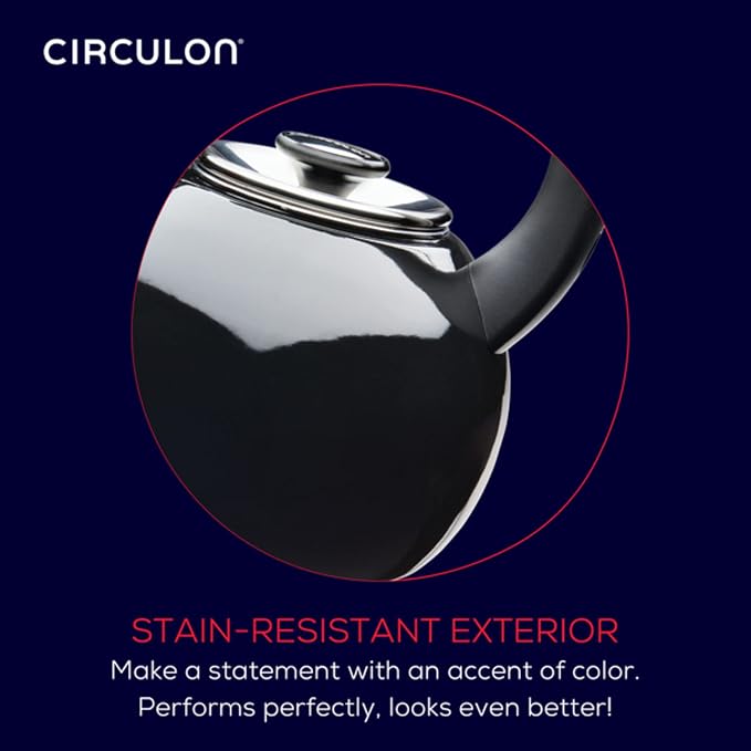 Circulon Enamel on Steel Whistling Induction Teakettle, Tea Kettle for Stovetop with Flip-Up Spout, 2-Quart, Black