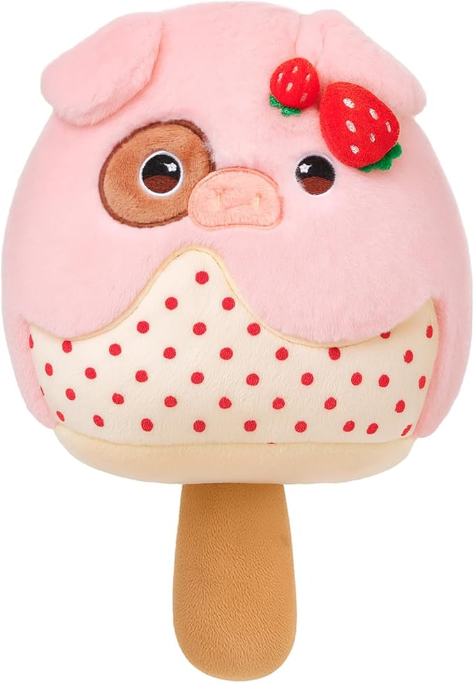 Strawberry Ice Cream Plush Pillow with Adorable Pig Topping Soft Cuddly Stuffed Animal Toy for Kids Birthday Gift for Boys and Girls