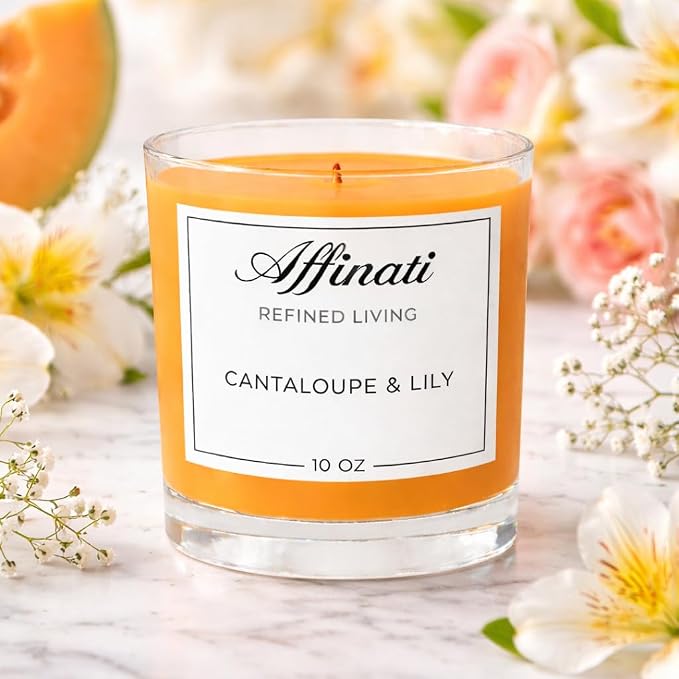 Cantaloupe & Lily Affinati 10 oz Scented Candle for Home – Long Lasting Fruity Soy Blend Candle with Wooden Wick, Strong Scent Throw Glass Jar Candles, Premium Clean Burning Aromatherapy Gifts