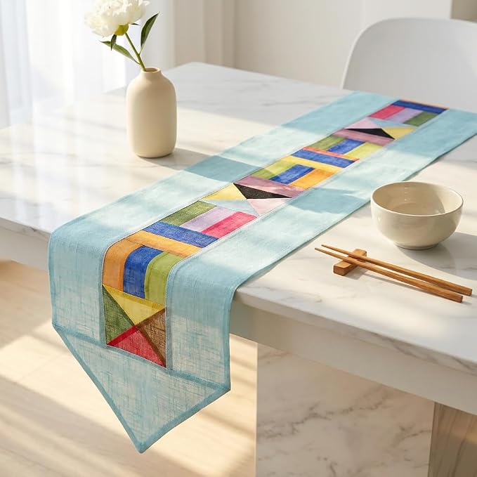 Korean Bojagi Table Runner Sky Blue Ramie Patchwork Dining Table Runner | Traditional Korean Patchwork Decor, Farmhouse Table Accent, Lightweight Ramie Fabric, Everyday Dining & Seasonal Display