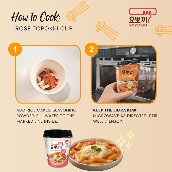 Yopokki Instant Tteokbokki Rice Cakes Korean, Rose Topokki Cup - Great with Cheese and Ramen Toppings, Korean Snacks for College Dorm, Korean Street Food Quick & Easy to Prepare, Pack of 2