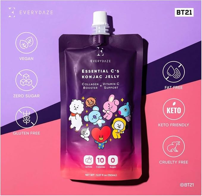 EVERYDAZE BT21 Essential C’s Konjac Jelly | Lychee | Plant-Based Collagen Booster | Gluten Free, Sugar Free, Low Calorie | Healthy Drinkable Fruit Snack | 10 Pack Box Food Drink Pouch