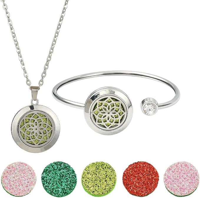 SUNNYCLUE 1Pc Essential Oil Necklace 1Pc Essential Oil Diffuser Bracelet with 10Pcs Refill Pads Flower Stainless Steel Aromatherapy Locket Pendant Bracelets Necklaces Diffuser Jewelry for Women Gifts