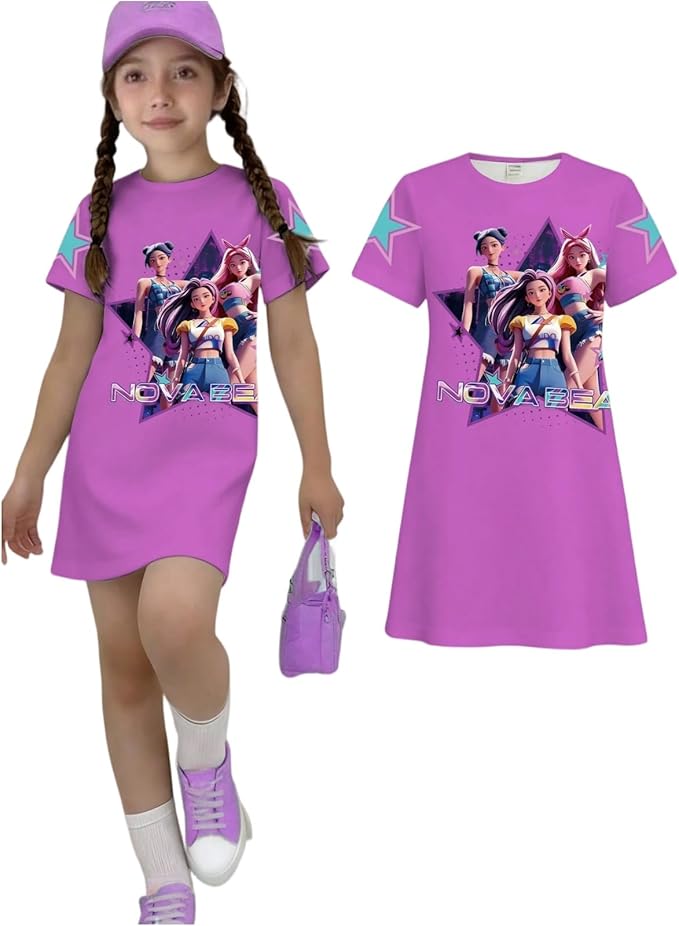 Girl's Anime K-POP Graphic Long Dress T-Shirt - Casual Loose Fit Short Sleeve Top