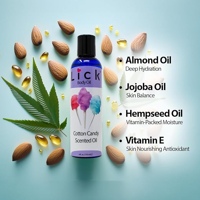 LICK Cotton Candy Dessert-Inspired Scented Body Oil – Fast-Absorbing Daily Hydration with Almond Oil & Vitamin E – 4 oz