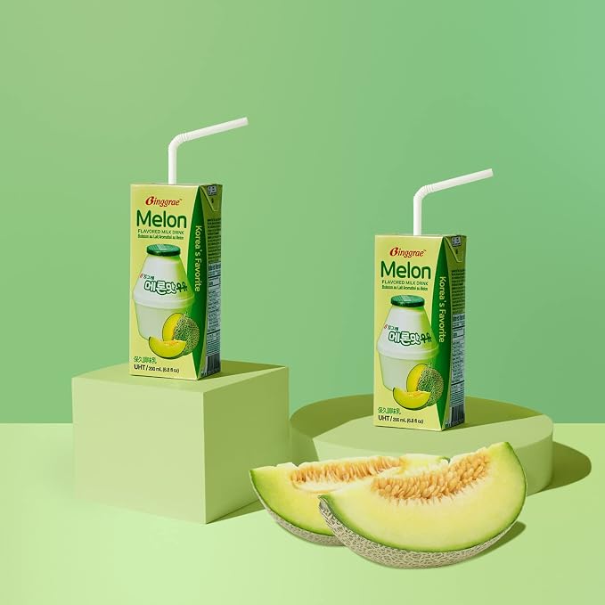 Binggrae Melon Flavored Milk Drink – Sweet and Creamy Korean Shelf-Stable Beverage – 6.8 fl oz Cartons – Pack of 24