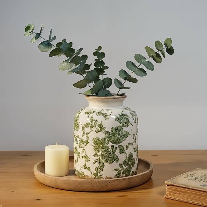 Vintage Green Crackle Glaze Ceramic Flower Vase, 6” Small Rustic Pottery Decorative Botanical Vase with Distressed Beige Rim French Country Farmhouse Cottage Tabletop & Mantel Home Decor