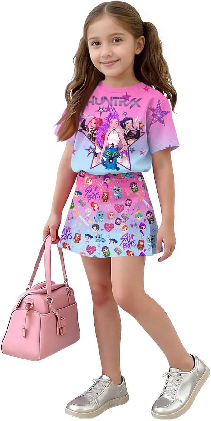 HTHLVMD K Pop Short Sleeve T-Shirt and Skirts Outfits Set for Girls Hunters Rumi Mira Zoey Graphic Tees De-Mon Costume