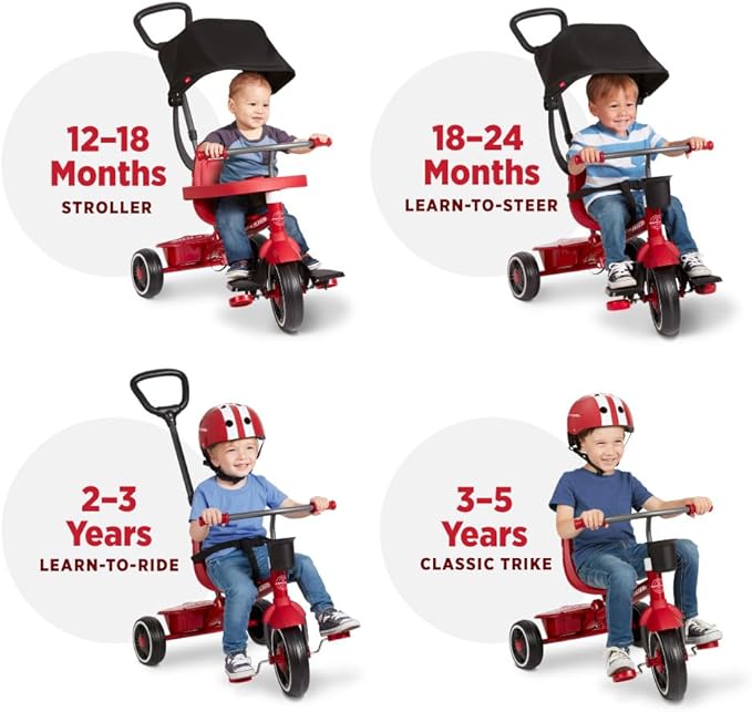 Radio Flyer 4-in-1 Pedal & Push Stroll ’N Trike, Ages 1-5, Toddler Tricycle & Stroller, High-Density Foam Tires, Parent Push Handle, UV Canopy, Removable Tray, Headrest & Seatbelt, Stroller Tricycle