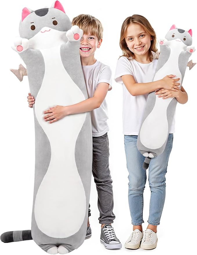 20” Long Cat Plush 5 Sizes, 120% Extra Filling Giant Plushness Kids Body Pillow, Kawaii Cute Grey Cat Stuffed Animals Plushies, Big Long Body Pillow Cat Plush Gift for Girls 20”