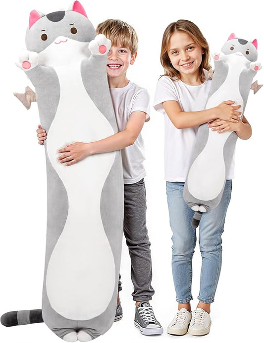 20” Long Cat Plush 5 Sizes, 120% Extra Filling Giant Plushness Kids Body Pillow, Kawaii Cute Grey Cat Stuffed Animals Plushies, Big Long Body Pillow Cat Plush Gift for Girls 20”