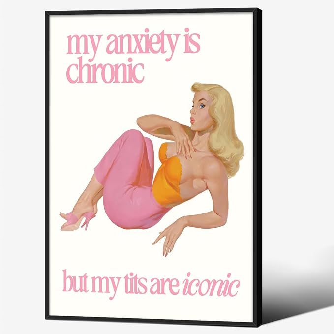 Funky Sexy Women Wall Art Funny Quote Social Anxiety Poster 60s 70s Vintage Housewife Canvas Prints 16X24 inch Black Framed for Apartment Wall Decor