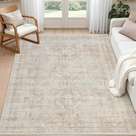 6x9 Area Rugs for Living Room: Vintage Boho Neutral Washable Rug Indoor Soft Large Area Rug Carpet for Bedroom Nursery Farmhouse Dining Room Office Floor Non-Slip Low Pile Under Table Rug Brown