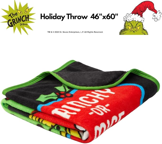 Collectibles Dr. Seuss The Grinch Holiday Christmas Bedding Super Plush Cozy Throw, 46 in x 60 in, (Officially Licensed Product) by Franco