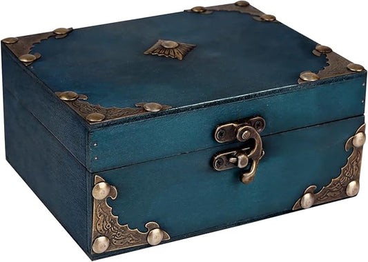 WaaHome Wood Treasure Box 5.5'' Small Decorative Teal Pirate Treasure Chest Jewelry Keepsakes Box for Kids Girls Boys Women Gifts Home Decor