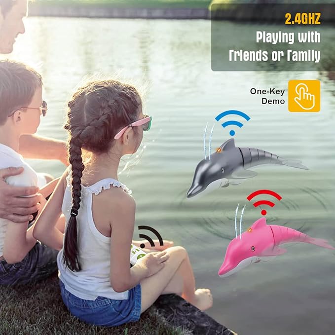 Pink Remote Control Dolphin Toy 2.4G High Simulation Cartoon Dolphin Remote Control for Swimming Pool Bathroom Great Gift RC Boat Shark Toys for 6+ Year Old Boys and Girls (with 2 Batteries)