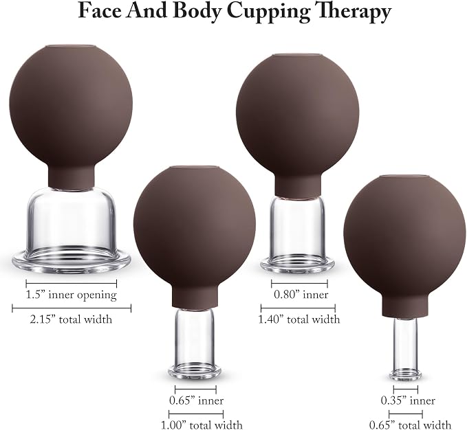 BBTO 4 Pcs Glass Facial Cupping Set Silicone Vacuum Suction Massage Cups Skin Tightening Therapy for Face Body Eyes Back Shoulder Pain(Brown)