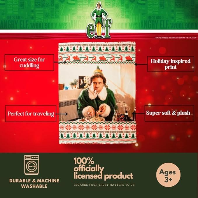 Elf The Movie Buddy Spaghetti Holiday Christmas Bedding Soft Plush Blanket Throw, 46 in x 60 in, (Officially Licensed Product) by Franco