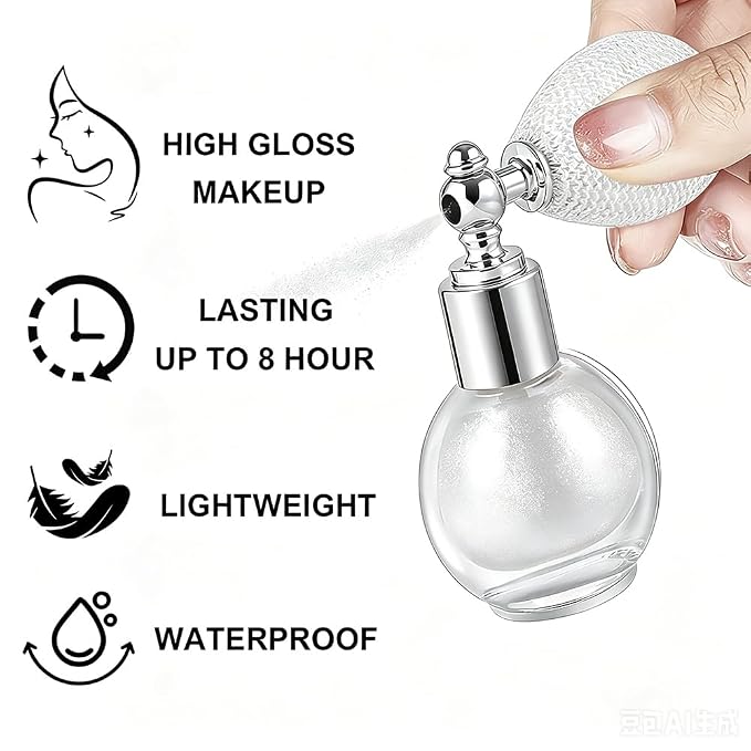 Silver White Face and Body Highlighter Spray Natural Glow Makeup, 0.14oz | High Gloss Powder, Waterproof Shimmer Spray for Women Mardi Gras Singer Concert Music Rave Festival Outfits Accessories