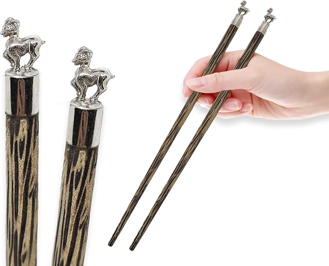 Wooden Chopsticks 9⅞" Long Coconut Palm Wood Chopstick With Metal Goat Top Eating Utensils Oriental Cutlery Asian Tableware Decorative Dinnerware to Serve Chinese Japanese Korean Food