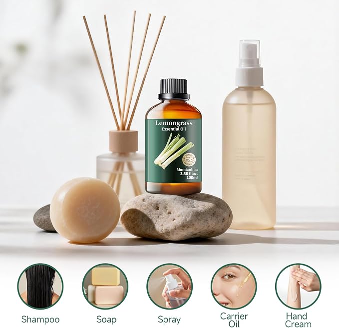 Lemongrass Essential Oil, Fresh Citrus Scent, Diffuser & Clean, 3.38 Fl Oz | Mumianhua Lemongrass Oil. Fresh Citrus-Herb Scent. For Outdoor, Skin & Hair Care, DIY Cleaners & Diffusion. Always Dilute