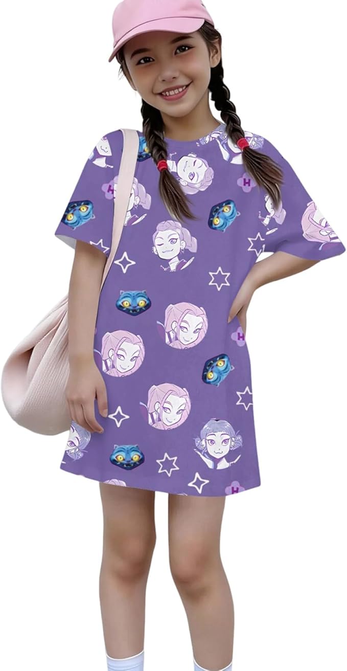 Girl's Anime K-POP Graphic Long Dress T-Shirt - Casual Loose Fit Short Sleeve Top