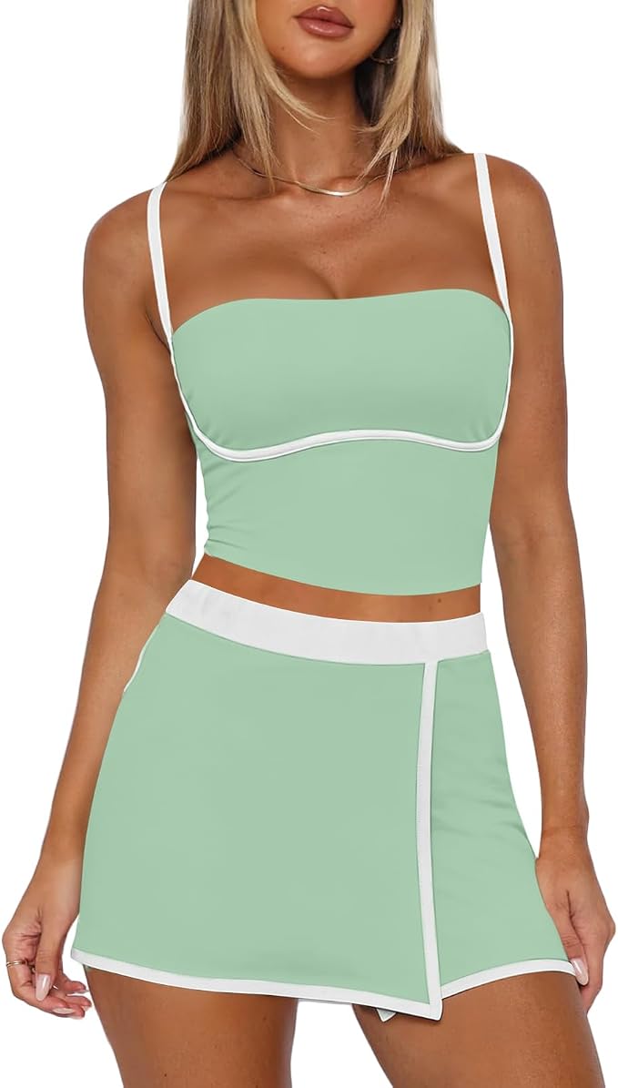 Tennis Skirt Sets Women 2 Piece Outfits Workout Sets Spaghetti Strap Tank Top and Skort Set Athletic Gym Yoga Outfits