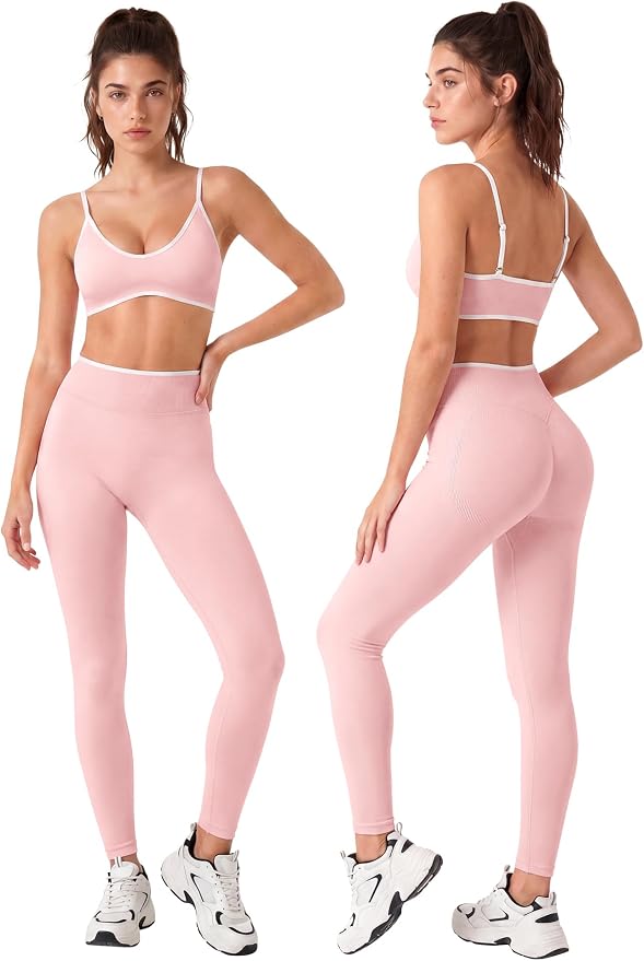 Workout Sets for Women 2 Piece Seamless Color Block Sports Bra Padded Scrunch Butt Lifting Leggings Matching Outfit