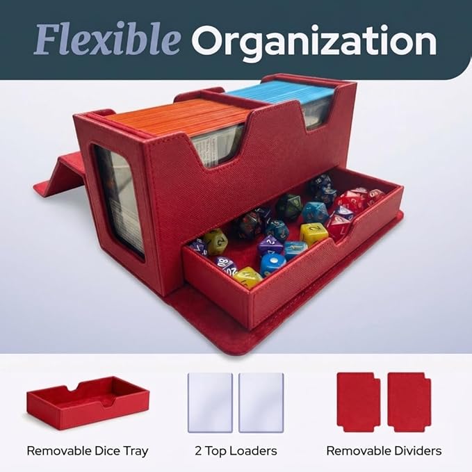 Card Deck Box Fits 200+ Double Sleeved，Commander Deck Box for Magic the Gathering with Dice Tray & Toploader Display,2 Dividers