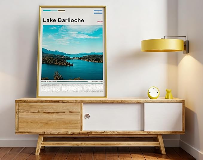 Poster Lake Bariloche Wall Art Original Design(17"x11" Golden Frame) Argentina Patagonia Landscape Print Andes Mountains Nature Scenery Nahuel Huapi Glacial View South America Travel Home Decor