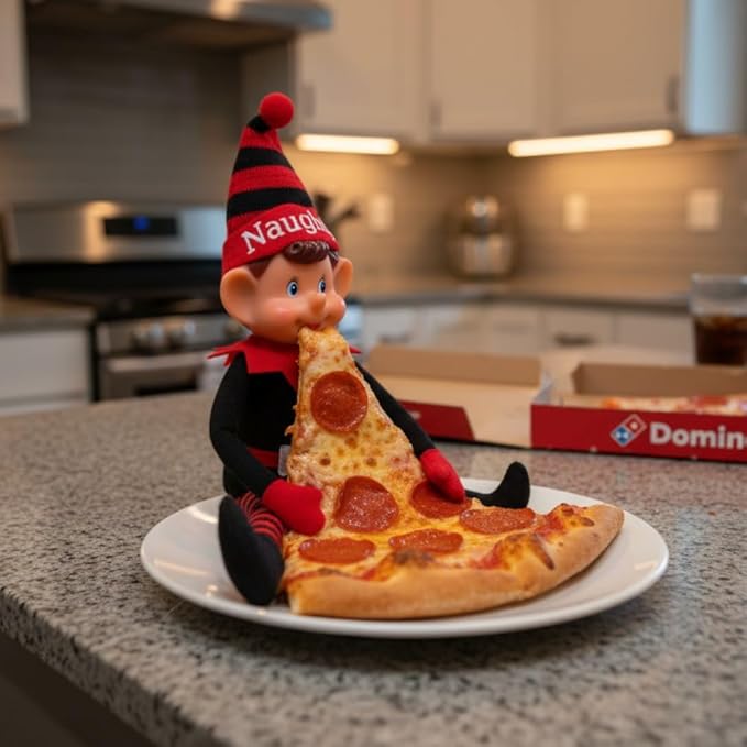 Toyland®️ Elves with Attitude 35cm (14") Red & Black 'Naughty' Elf Soft Toy - Knitted Hat & Legs - Vinyl Cheeky Face & Stick Together Hands - Festive Fun for All!